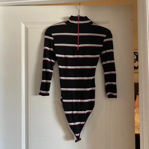 Free People Off The Slopes Bodysuit in Black with Blue, White, Red Stripes - S